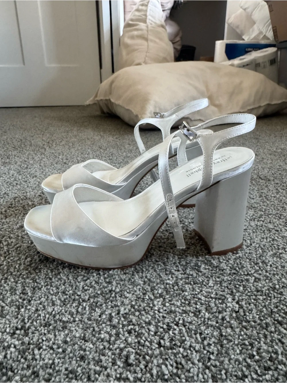 Jeffrey Campbell White Satin Platform Block Heel Sandal